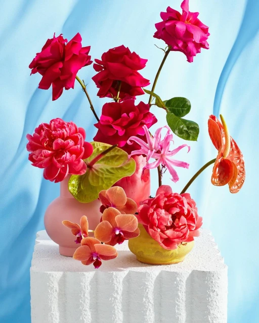 Still life of a vibrant floral arrangement with pink roses, peonies, orchids in decorative vases on a white pedestal against a blue backdrop.