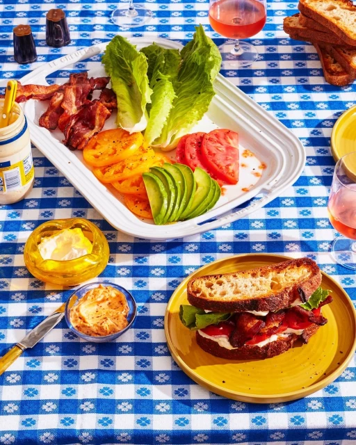 Overhead shot of BLT sandwich ingredients on a blue-and-white checkered tablecloth, including bacon, lettuce, tomato, and avocado.