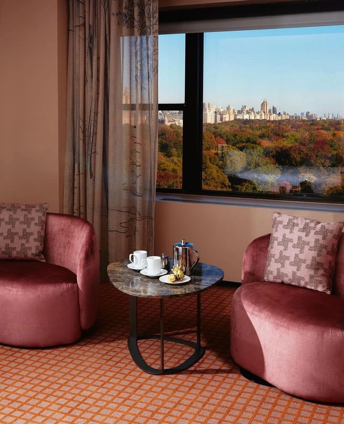 Interior hotel room view with two plush velvet armchairs, a small round coffee table with teacups, and a window overlooking a park and city skyline