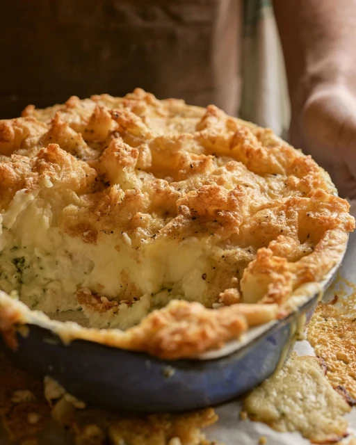 Close-up shot of a freshly baked pie in a blue ceramic dish, showcasing its golden-brown crust and creamy filling, indoors.