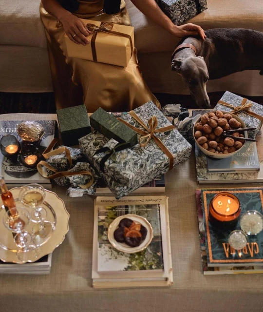 Elegant gathering featuring gifts, dog, drinks, nuts, and candlelight. Cozy ambiance created by the warm colors and soft lighting.