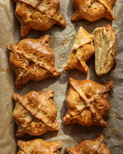 Overhead shot of golden brown pastry squares on parchment paper, some cut to reveal layered filling, creating a warm and inviting food still life.
