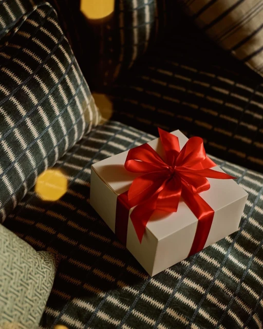 Festive white gift box tied with a bright red satin ribbon, resting on a patterned couch cushion under soft, warm lighting.