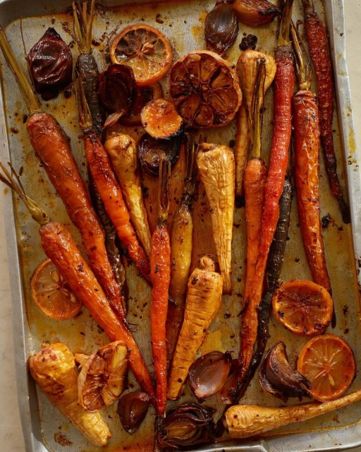 Overhead shot of roasted carrots, parsnips, garlic, shallots, and lemon slices on a metal baking sheet, showcasing a vibrant mix of colors and textures.