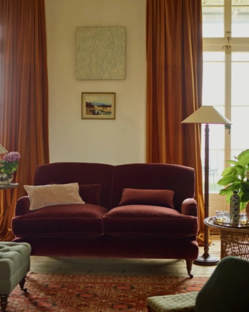 Living room scene with a plush two-seater maroon couch, decorative pillows, and artistic wall decor in a warm, inviting light.