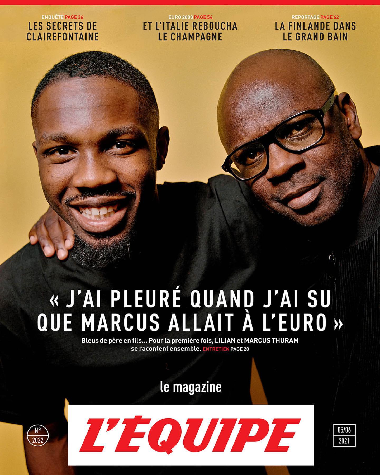 Magazine cover featuring portrait of Lilian Thuram and Marcus Thuram, father and son, with text headlines; L'Équipe logo shown.