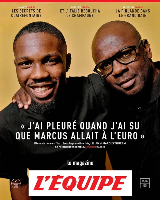 Magazine cover featuring portrait of Lilian Thuram and Marcus Thuram, father and son, with text headlines; L'Équipe logo shown.
