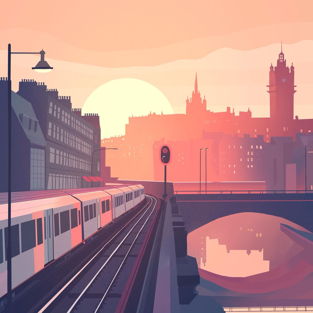 Illustration of a train travelling on a track with a city skyline in the background at sunset, rendered in a smooth, vector style.