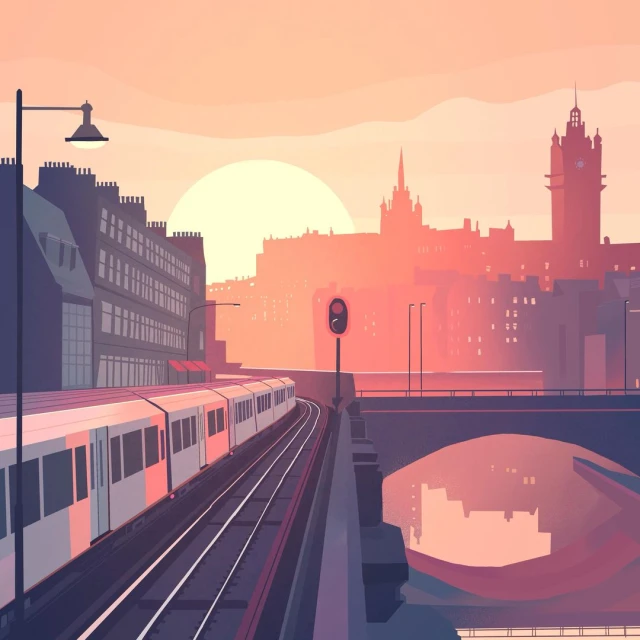 Illustration of a train travelling on a track with a city skyline in the background at sunset, rendered in a smooth, vector style.