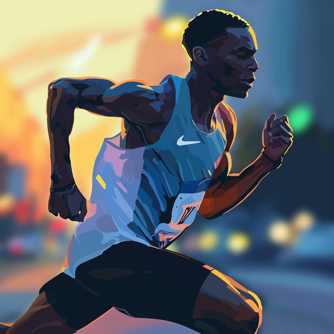 Illustration of an African American male runner in a blue and white tank top and black shorts, captured in mid-stride against a blurred background.