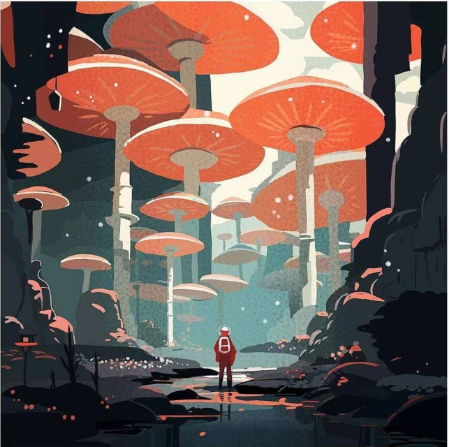 Illustration of a person in a red jacket standing in a forest of giant mushrooms, reflected in the water, in a fantasy landscape.