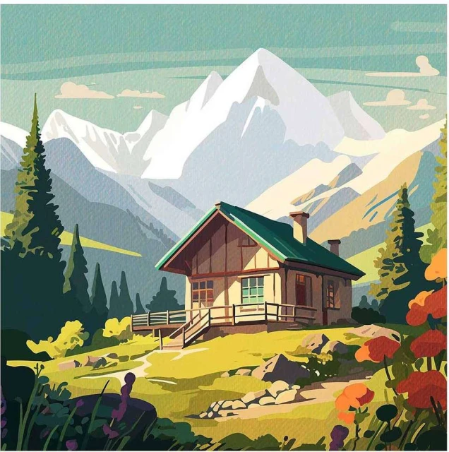 Scenic mountain cabin illustration with snow-capped peaks, trees, and wildflowers on a bright day. Serene landscape art.