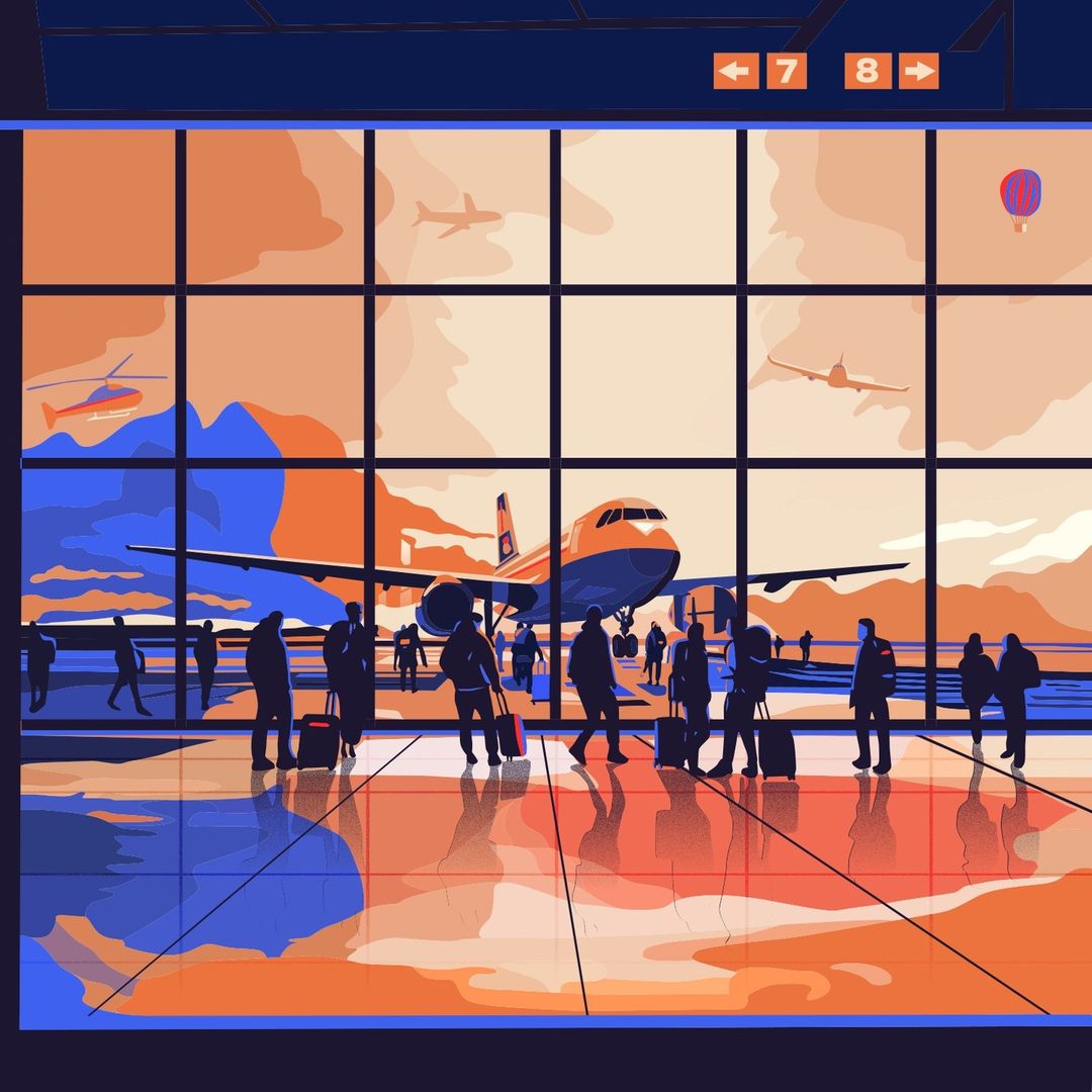 Illustration of people at an airport terminal, waiting near a large window with planes and a helicopter visible in the background.