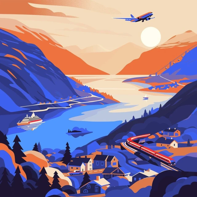 Stylized landscape view of water with cruise ship, mountains, a train, and an airplane under the sun in illustrative vector art.