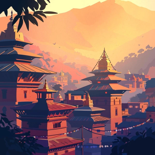 Illustration of a cityscape featuring traditional architecture with mountains in the background, bathed in warm, golden light.