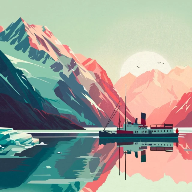 Scenic image features a vintage passenger ship on calm water, reflecting pastel-colored mountains under a soft, cloud-filtered sun.