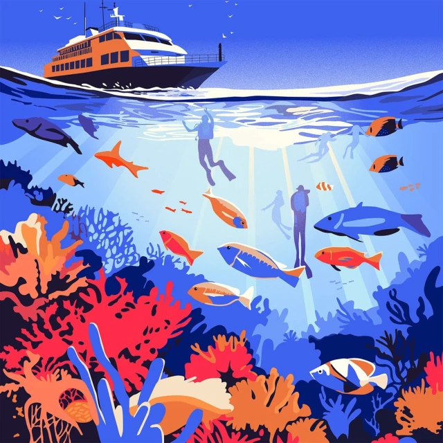 Illustration of a tour boat above an underwater scene with coral reef, tropical fish, and scuba divers in blue water with sun rays.