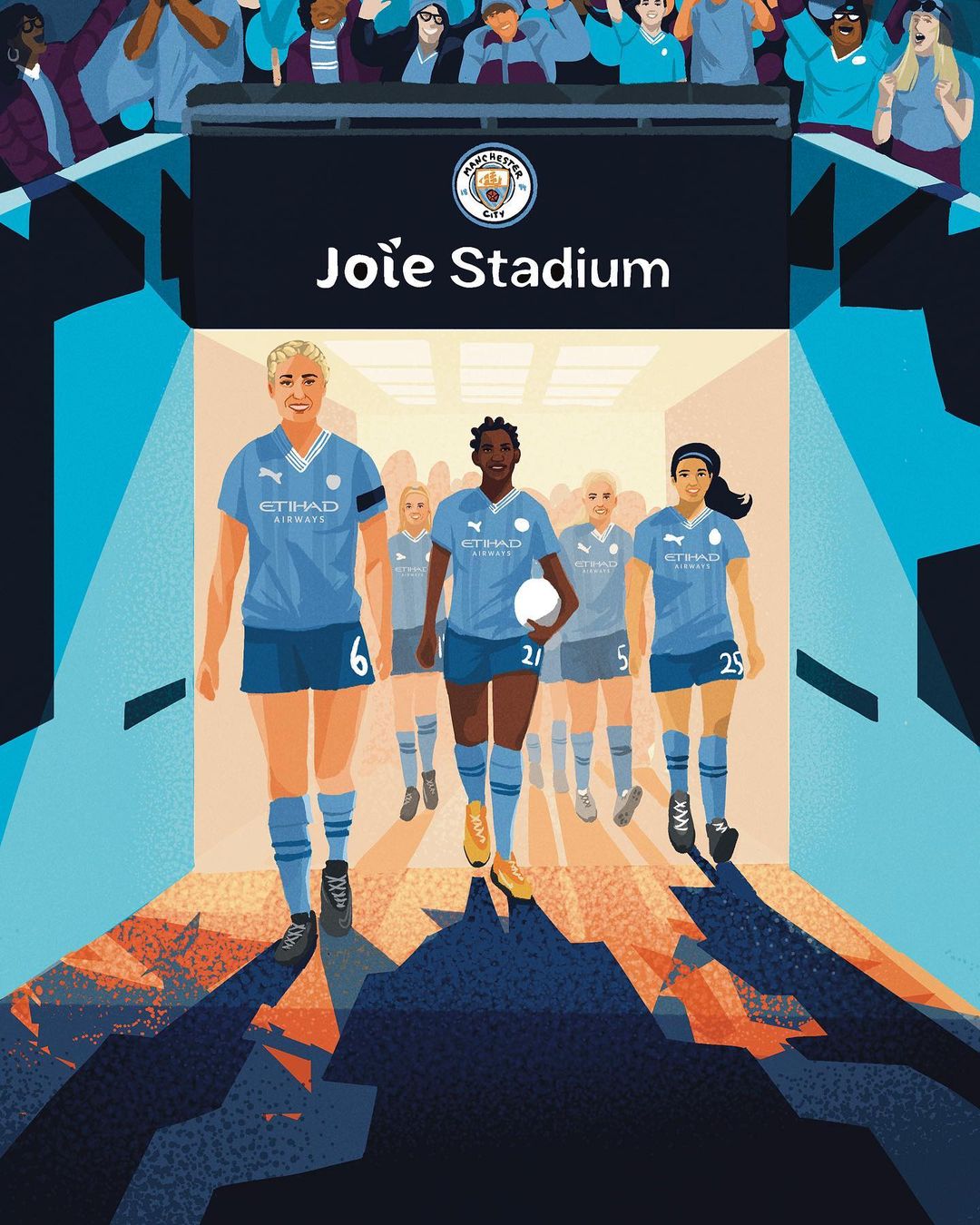 Illustration of women's soccer team walking onto Joie Stadium field, viewed from a low angle, with fans in the background.