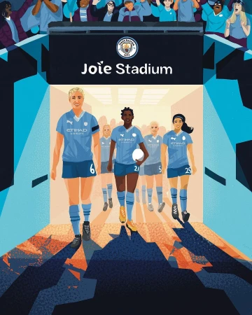 Illustration of women's soccer team walking onto Joie Stadium field, viewed from a low angle, with fans in the background.