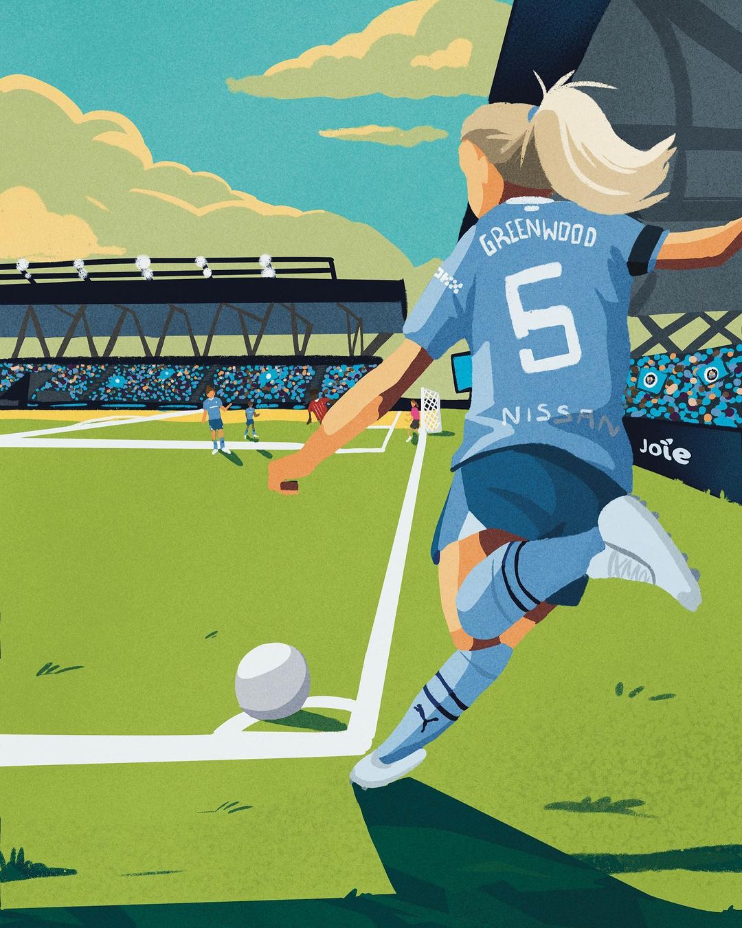 Illustration of a woman soccer player kicking a soccer ball on a green field with stadium seating and a blue sky.