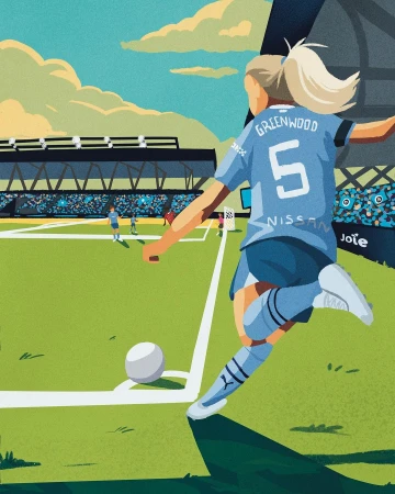 Illustration of a woman soccer player kicking a soccer ball on a green field with stadium seating and a blue sky.