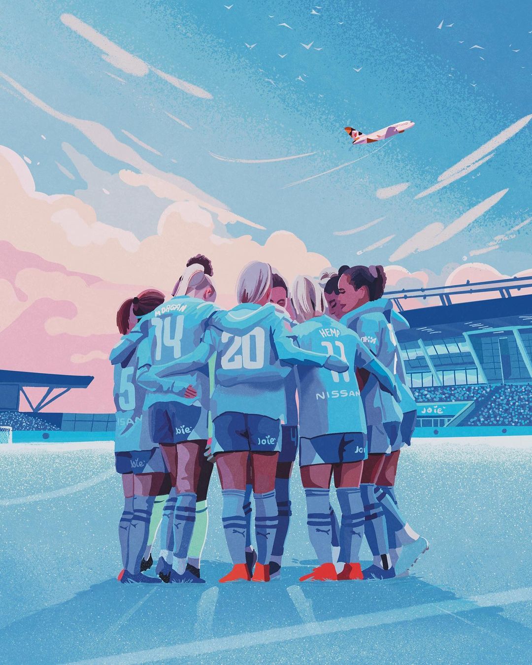 Illustration of a women's soccer team huddled together on a field near a stadium with an airplane and birds flying overhead.