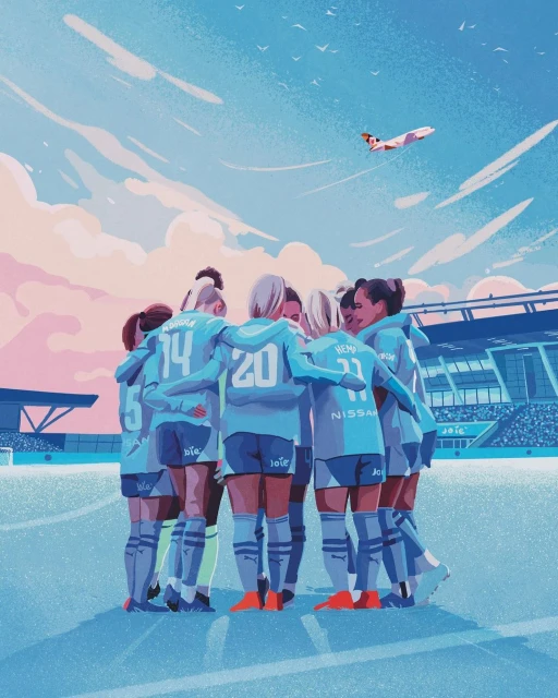Illustration of a women's soccer team huddled together on a field near a stadium with an airplane and birds flying overhead.