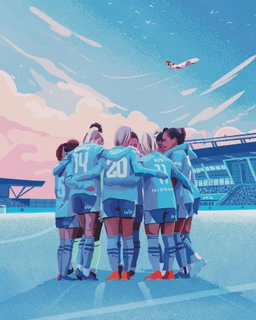 Illustration of a women's soccer team huddled together on a field near a stadium with an airplane and birds flying overhead.