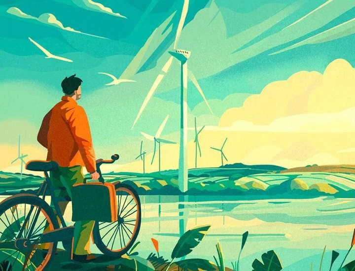Illustration of a man with a bicycle and briefcase looking at wind turbines by a lake against a sky with clouds and birds.