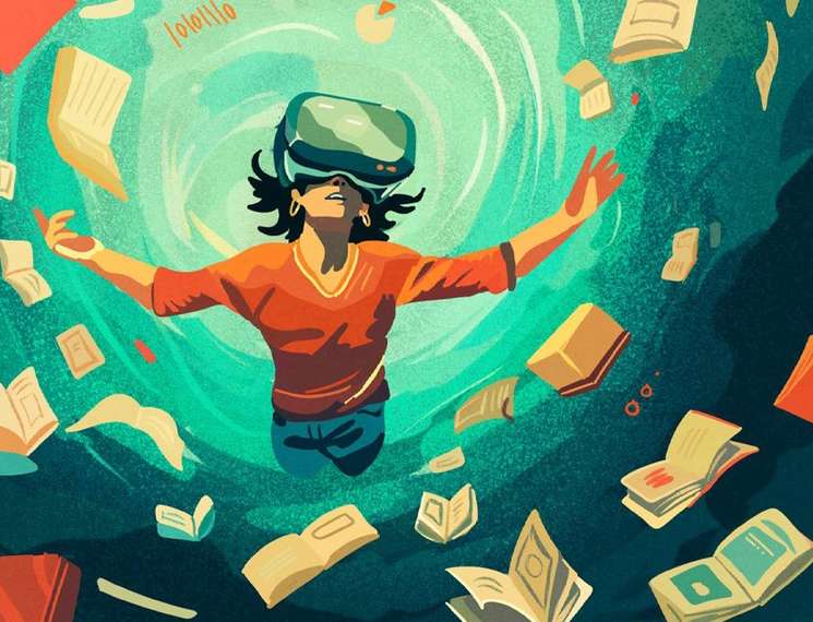 Illustration of a woman wearing a virtual reality headset with arms outstretched amid floating books in a teal-and-dark-blue scene.