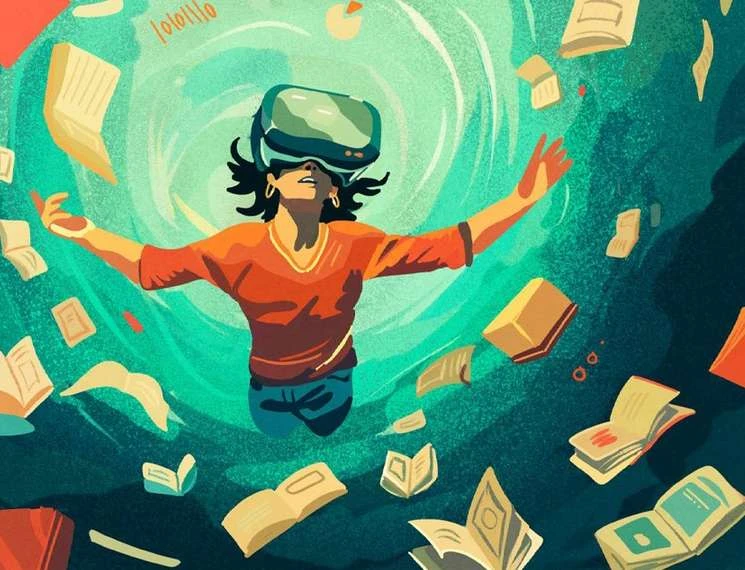 Illustration of a woman wearing a virtual reality headset with arms outstretched amid floating books in a teal-and-dark-blue scene.