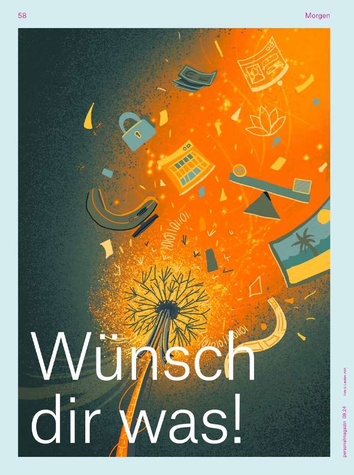 Surreal illustration of a dandelion with geometric shapes, money, and objects floating against an orange and blue-green gradient background.