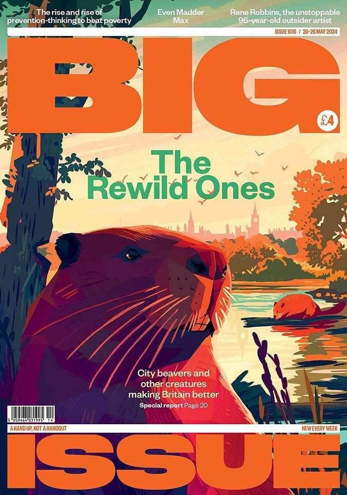 Magazine cover art with a large beaver illustration, river scene, and the words 'BIG ISSUE' in orange, reflecting environmental themes.
