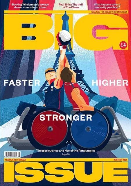 Magazine cover illustration featuring two wheelchair basketball players reaching for a ball in front of the Eiffel Tower.