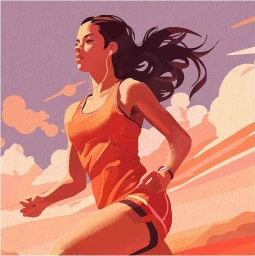 Digital illustration of a female runner in an orange tank top running against a warm sunset sky by illustrator Emma Rose.