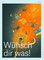 Digital illustration of a dandelion releasing seeds that transform into icons against a dark and orange background