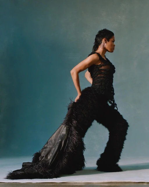 Woman in black feather-trimmed outfit strikes dynamic pose against muted teal backdrop in studio setting, side view, high-fashion editorial.