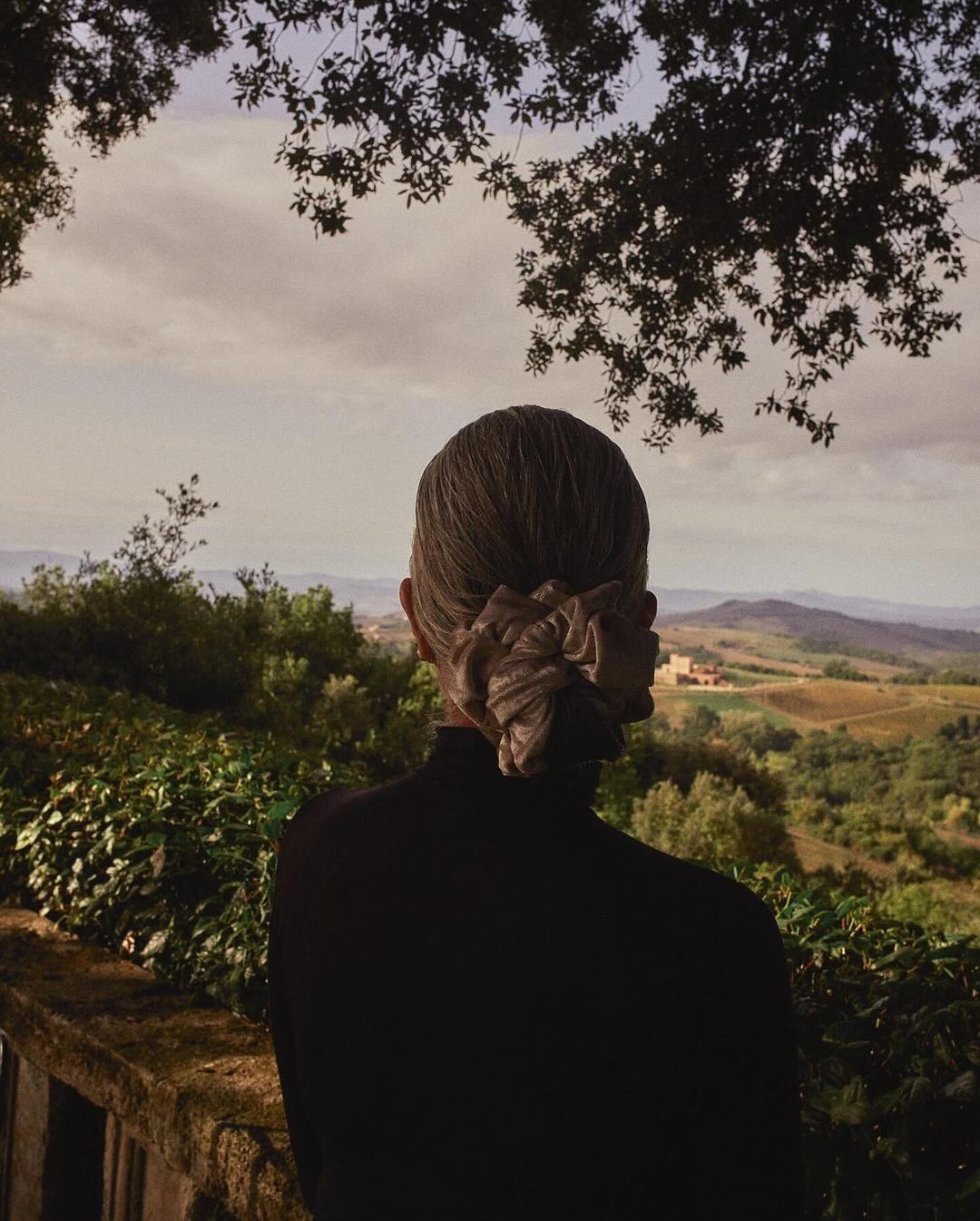 Back view of an adult female with a hair accessory, overlooking a lush green landscape with trees and a building in the distance.