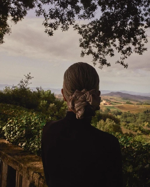 Back view of an adult female with a hair accessory, overlooking a lush green landscape with trees and a building in the distance.