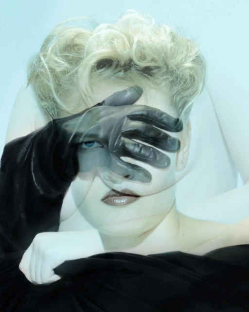 Artistic portrait with a woman's face partially obscured by a gloved hand, set against a light blue background.