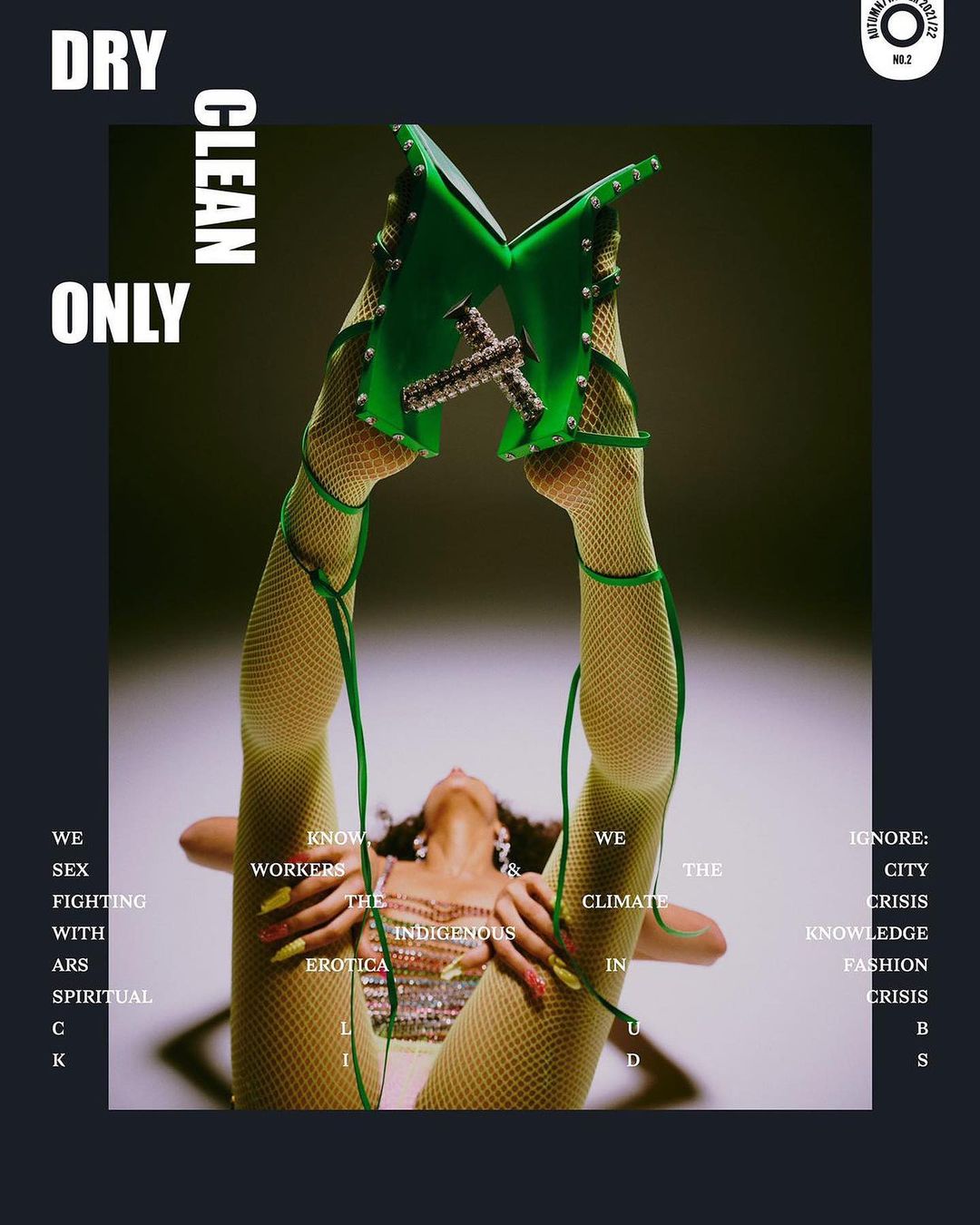 Fashion editorial featuring a person in green heels and fishnets, legs raised, sparkling top, and creative typography overlay.