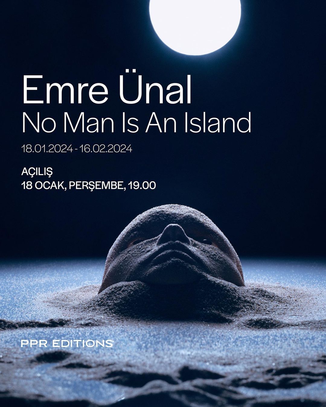 Artistic image features a sculpted human head emerging from sand against a dark backdrop with a full moon, accompanied by white text.