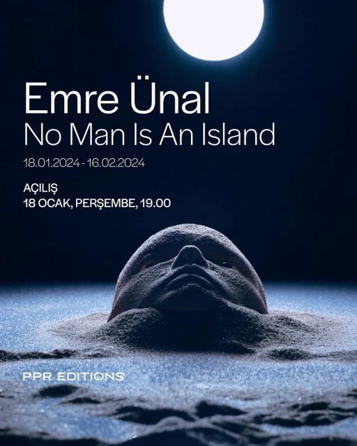 Artistic image features a sculpted human head emerging from sand against a dark backdrop with a full moon, accompanied by white text.