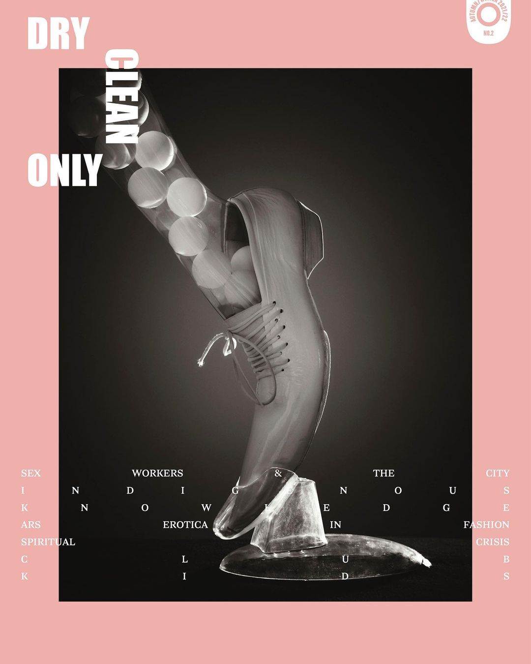 Monochrome art: A sneaker appears to step onto a clear hat form, set against a black backdrop with overlaid white text and a pink border.