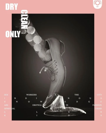 Monochrome art: A sneaker appears to step onto a clear hat form, set against a black backdrop with overlaid white text and a pink border.