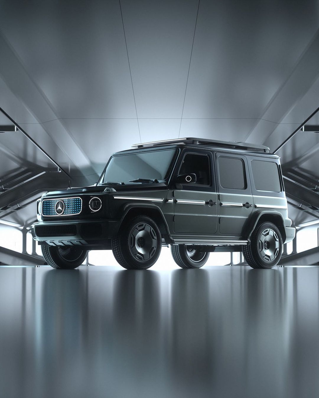 Mercedes-Benz electric G-Class SUV in a minimalist setting, featuring a sleek, illuminated grill and black exterior. Automotive imagery.