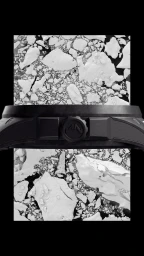 Close-up product shot of a dark matte watch case against an aerial view background of floating ice floes.