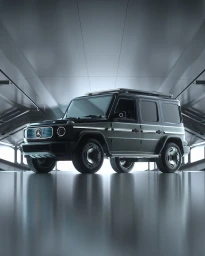 Dark electric SUV parked in a futuristic, reflective studio environment created by Encor Studio.