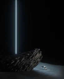 A dark rocky landscape featuring a small off-road vehicle beneath a towering vertical beam of light created by Encor Studio.
