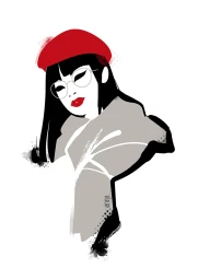 Graphic fashion illustration of a woman wearing a bright red beret, round wire glasses, bold red lipstick, and a draped grey coat.